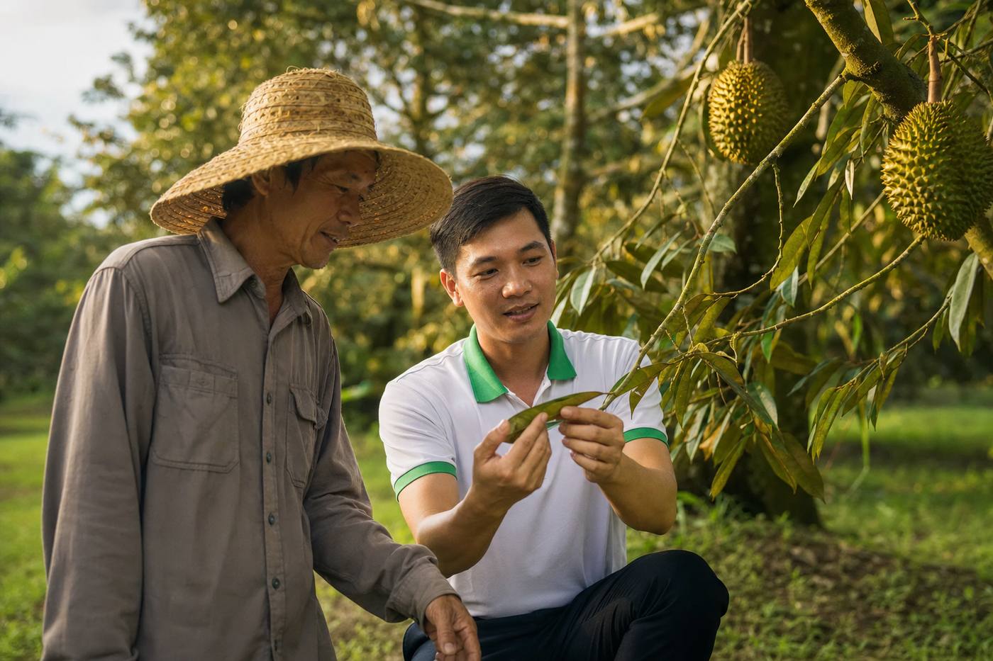 Kỹ thuật viên Agro Best cùng nhà vườn kiểm tra cây